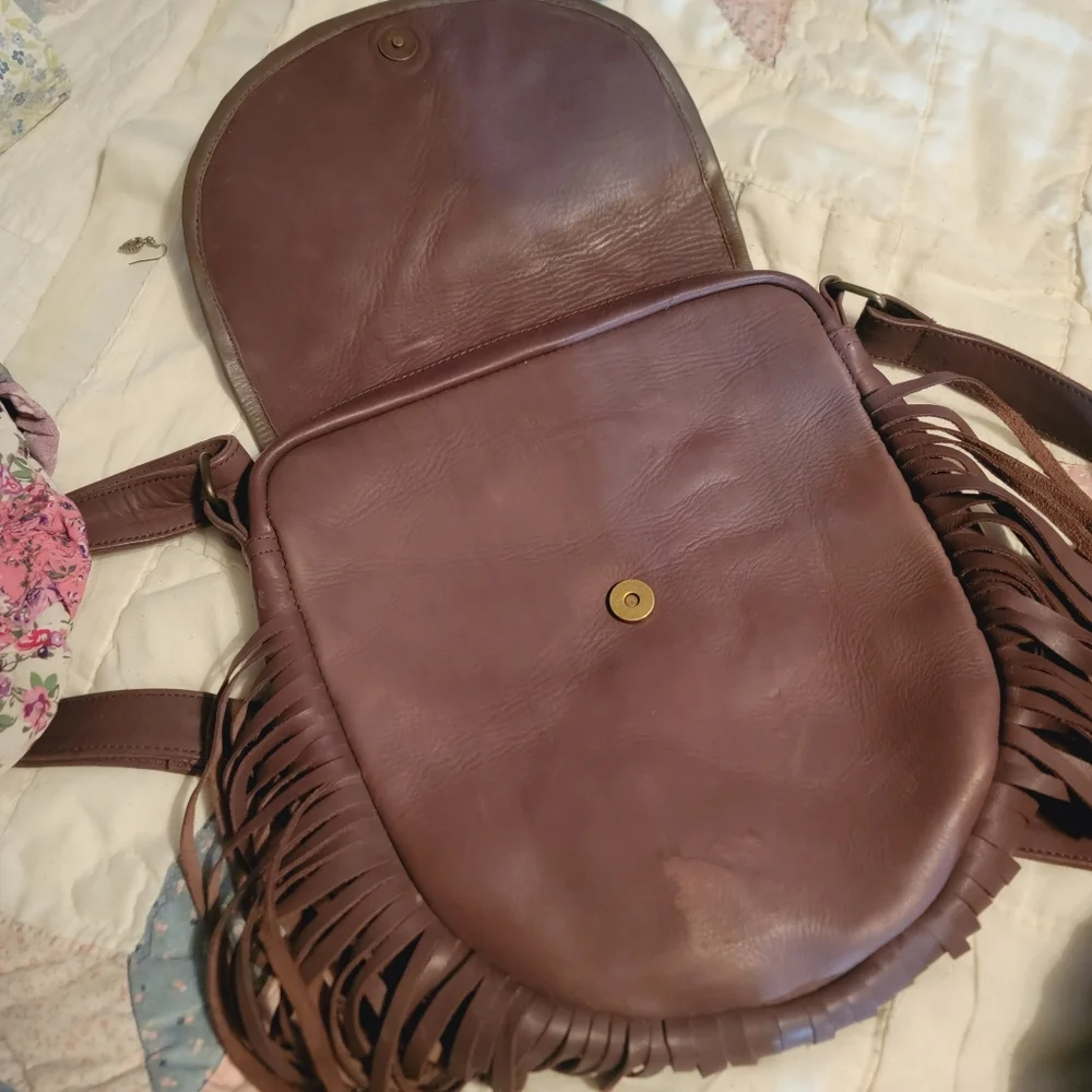 Vtg Leather Fringe Embroidered bag cross body free spirit boho hippie people - Picture 7 of 11